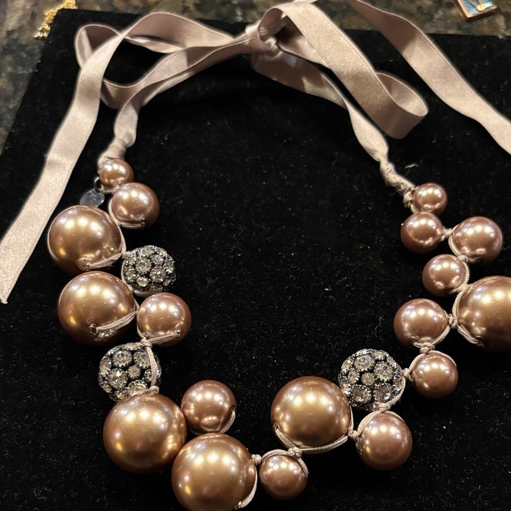 Talbots Brown Pearl and Silver Necklace with Ribbon